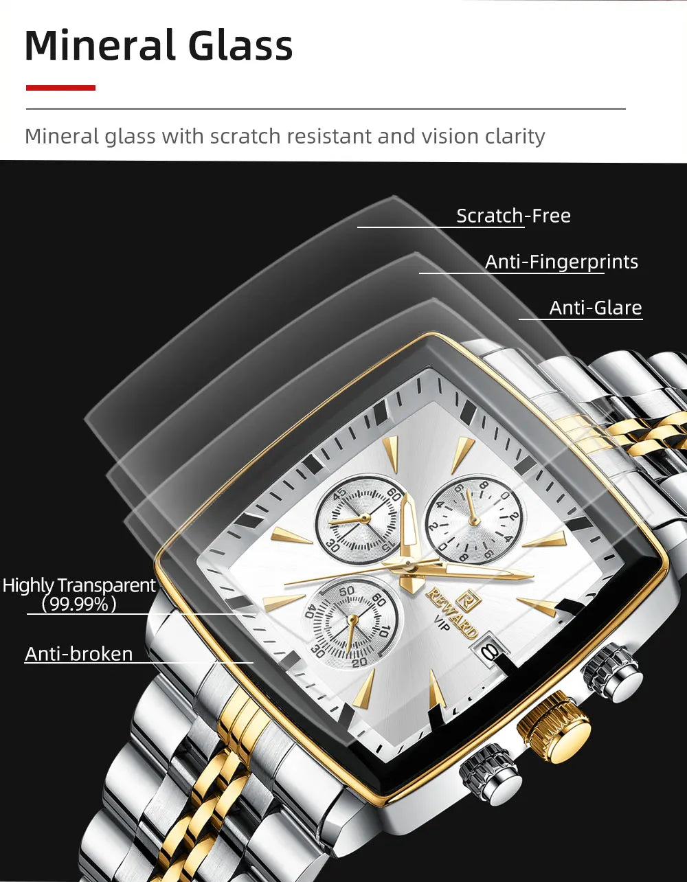 Men's Blue Luxury, Rectangular Business Quartz Wristwatch, Waterproof, with Luminous Hands, By REWARD