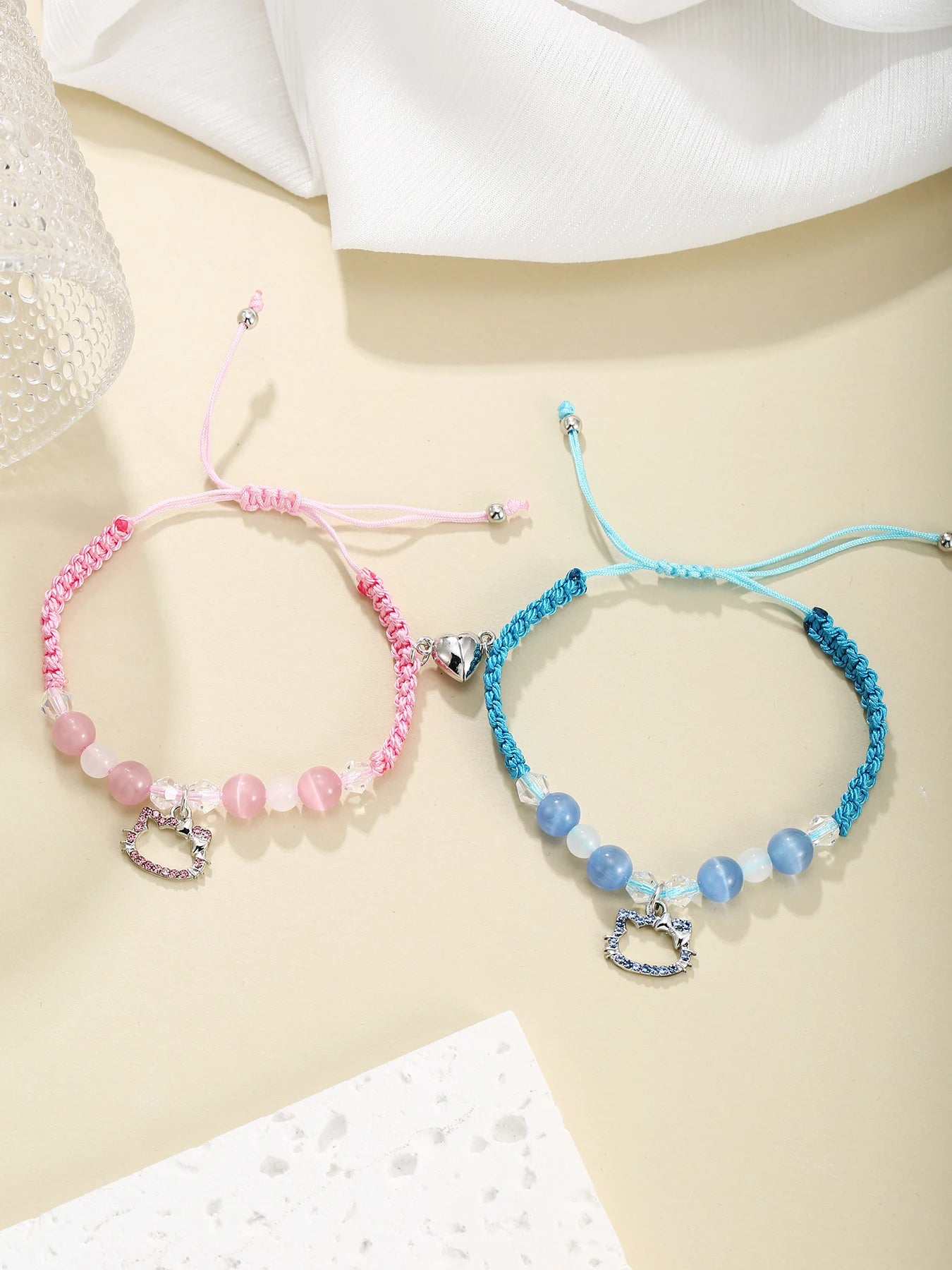 2 Pc Pink And Blue, String Spider And Cat, Heart Shaped Magnetic Couple's Bracelets