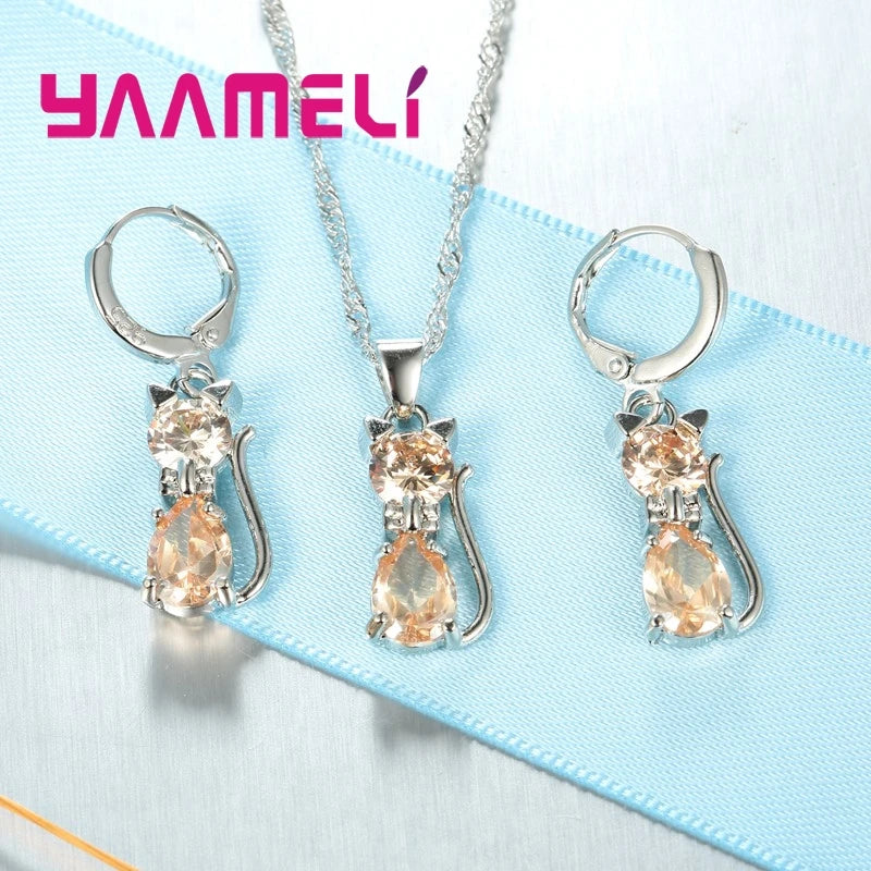 Real 925 Sterling Silver, Austrian Crystal, Cat Necklace