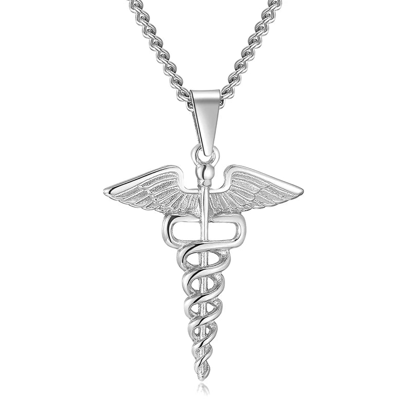 Medical Stainless Steel, Double Snake Wings Pendant Necklace Gift For Medical Professionals