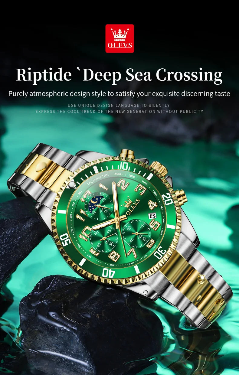 OLEV, S 2926 Men's, Luxury Brand, Waterproof, Calendar Moon Phase, Top Fashion, Stainless Steel Quartz, Chronograph Watch