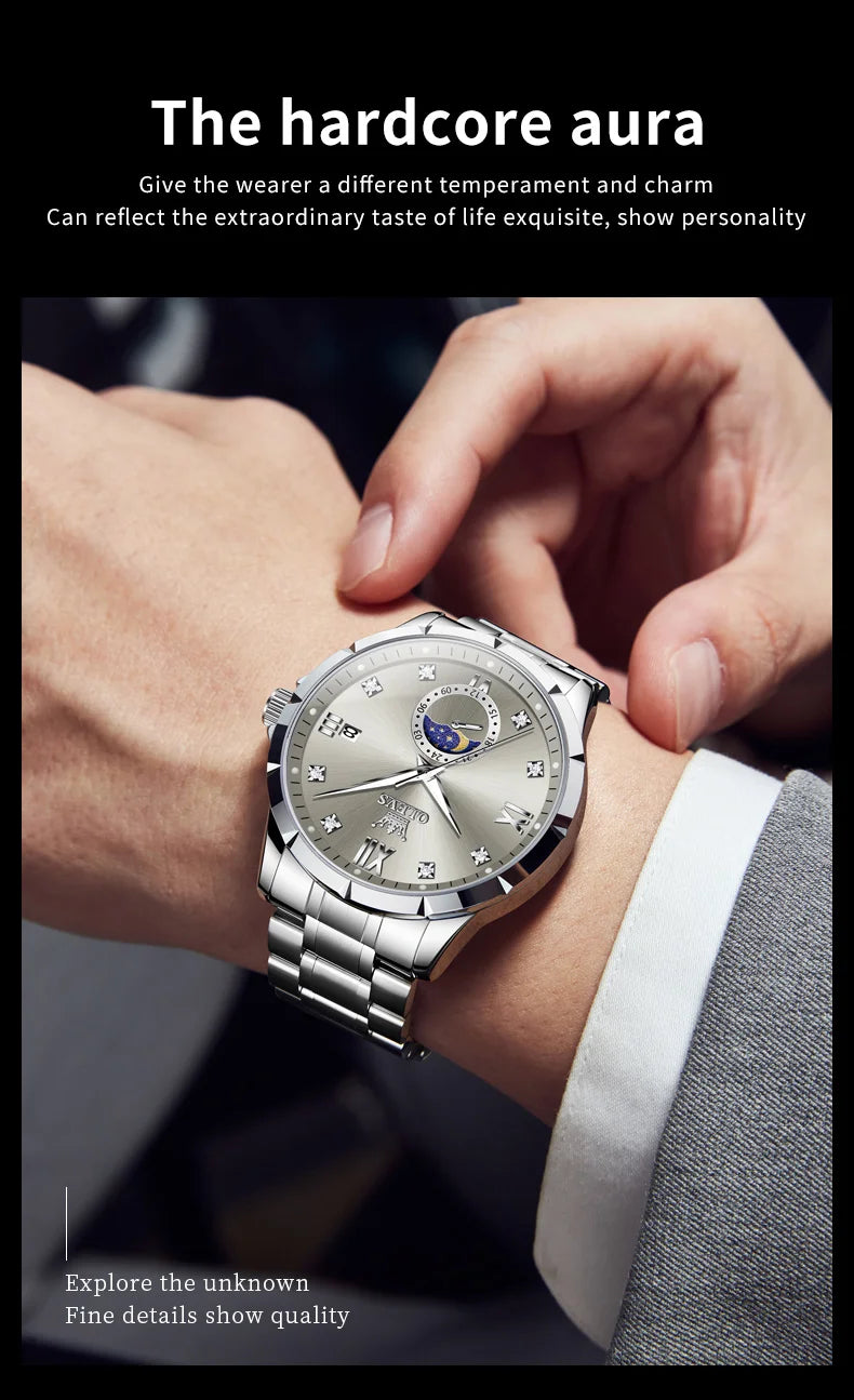 OLEV'S 2956 Men's, Luxury Brand, Waterproof, Calendar Moon Phase, Top Fashion, Stainless Steel Quartz, Chronograph Watch