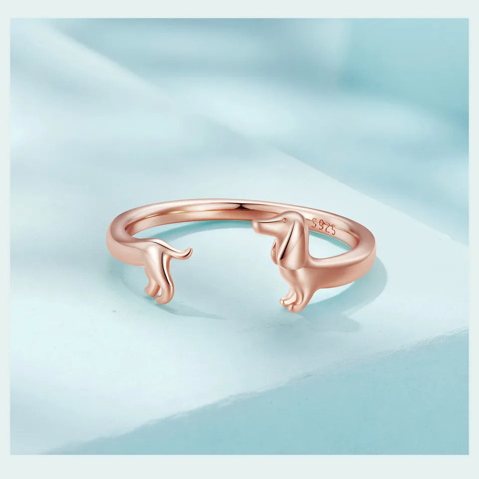 Genuine, 9.25 Sterling Silver, Cute Dachshund Dog Adjustable Ring, by WOSTU