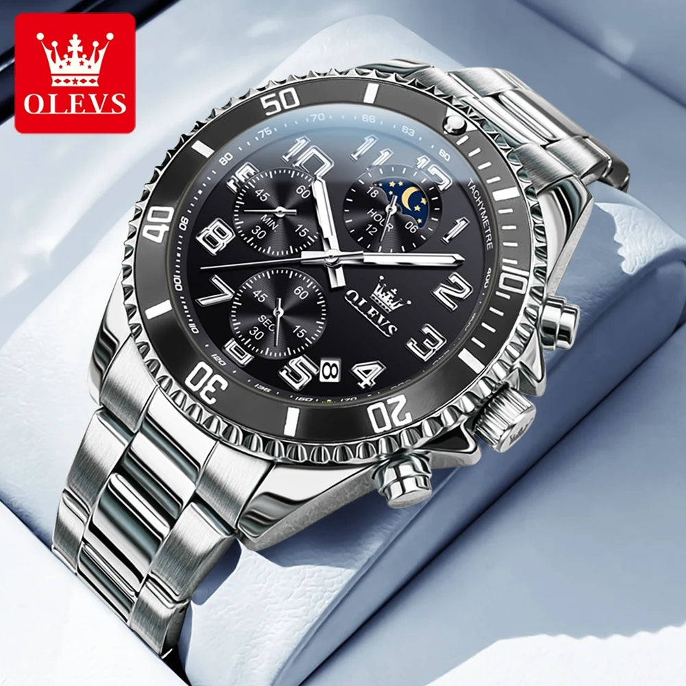 OLEV, S 2926 Men's, Luxury Brand, Waterproof, Calendar Moon Phase, Top Fashion, Stainless Steel Quartz, Chronograph Watch