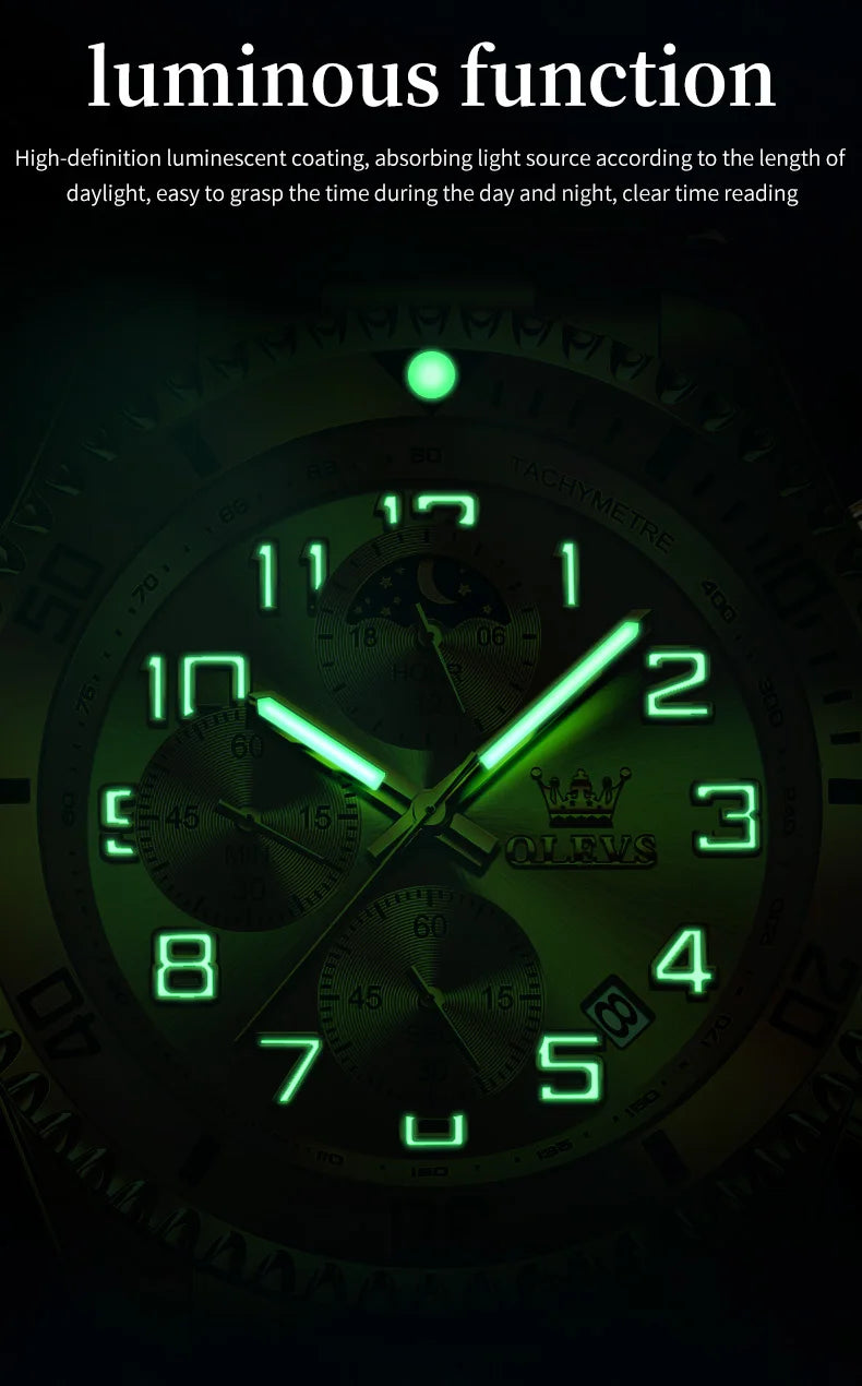 OLEV, S 2926 Men's, Luxury Brand, Waterproof, Calendar Moon Phase, Top Fashion, Stainless Steel Quartz, Chronograph Watch