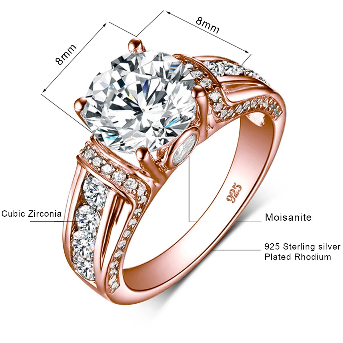 Genuine, S925 Sterling Silver Moissanite Ring, 2ct Rose Gold Plated. A Perfect Gift For Precious People. Certificate Of Authenticity Included.