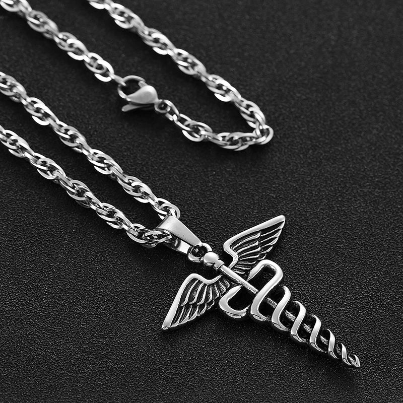 Medical Stainless Steel, Double Snake Wings Pendant Necklace Gift For Medical Professionals