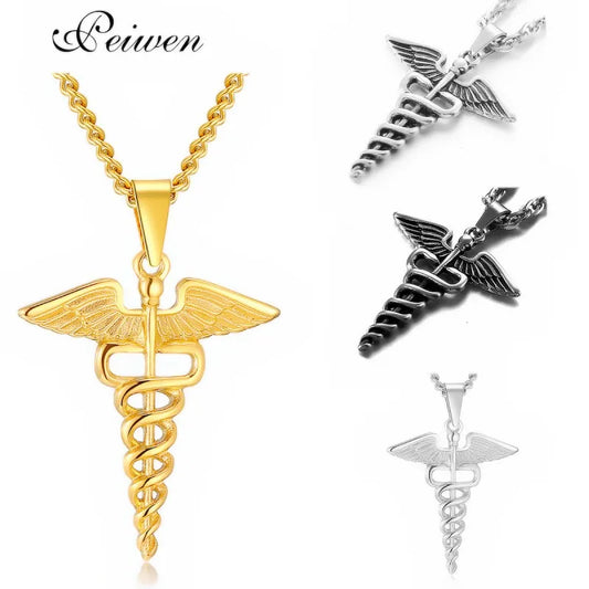 Medical  Stainless Steel, Double Snake Wings Pendant Necklace...  Gift For Medical Professionals