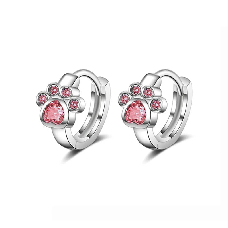 Genuine 9.25 Sterling Silver Zirconia Dog Paw Hoop Earrings for Women