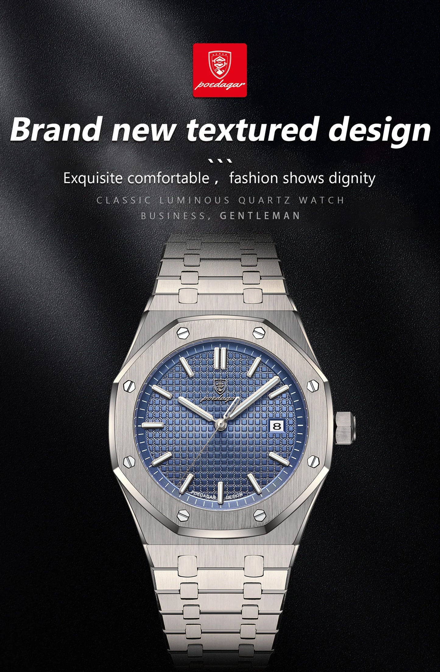 NEW!!! Fine Steel, Original Quartz, Luminous Date, Waterproof, Fashionable Classic Wristwatch, By POEDAGAR