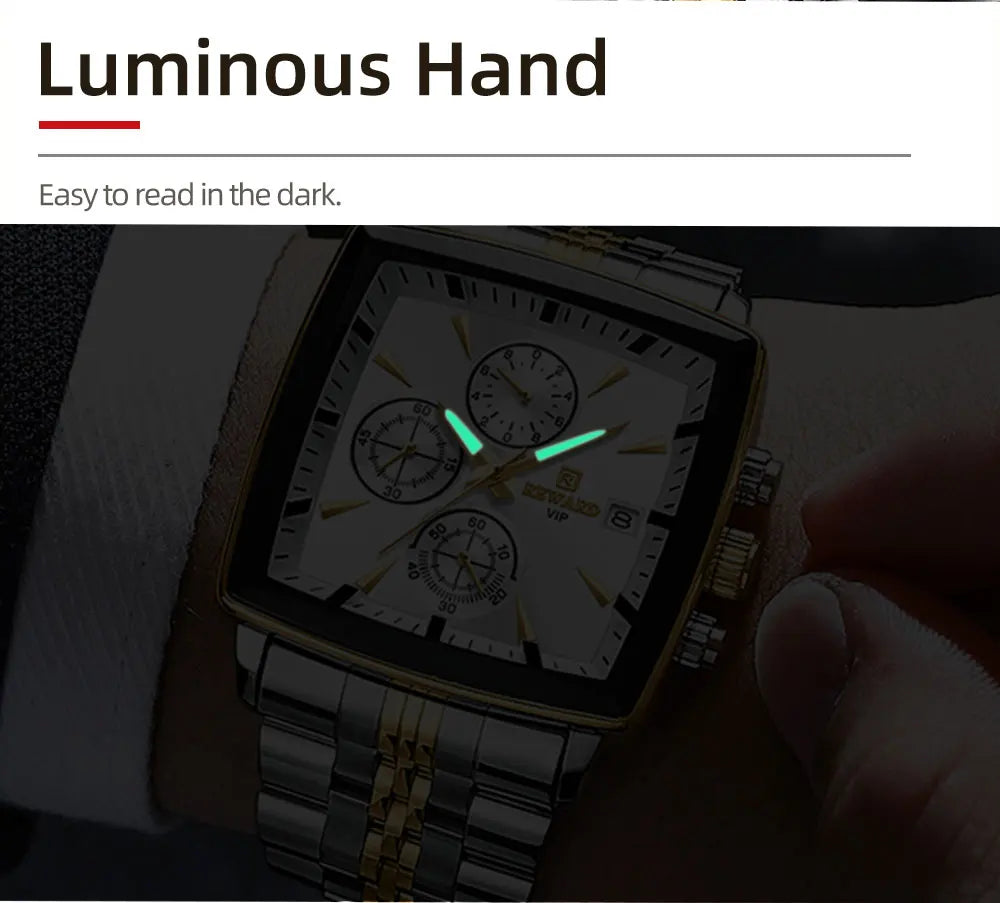 Men's Blue Luxury, Rectangular Business Quartz Wristwatch, Waterproof, with Luminous Hands, By REWARD