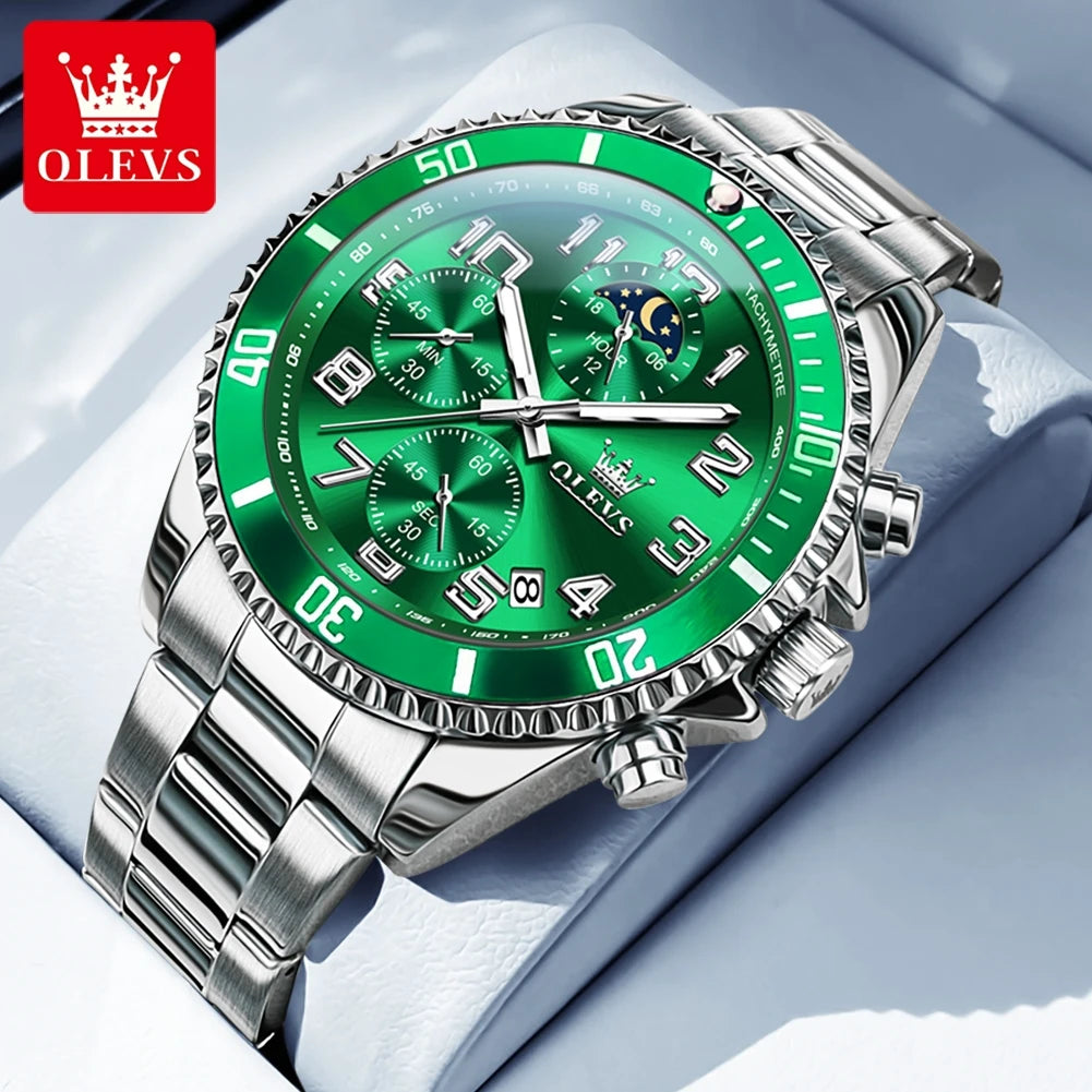 OLEV, S 2926 Men's, Luxury Brand, Waterproof, Calendar Moon Phase, Top Fashion, Stainless Steel Quartz, Chronograph Watch