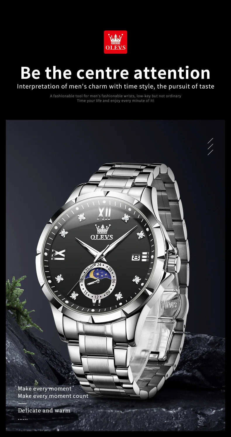 OLEV'S 2956 Men's, Luxury Brand, Waterproof, Calendar Moon Phase, Top Fashion, Stainless Steel Quartz, Chronograph Watch