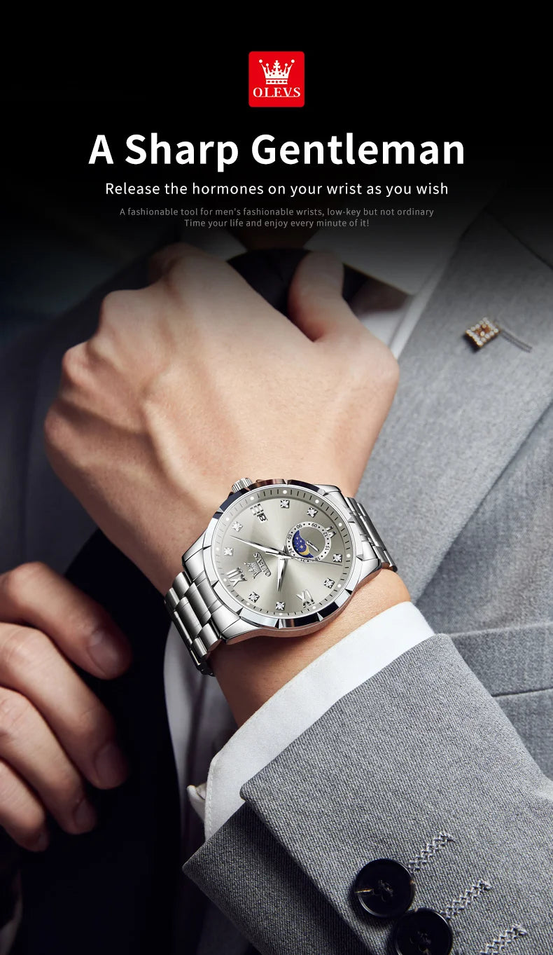 OLEV'S 2956 Men's, Luxury Brand, Waterproof, Calendar Moon Phase, Top Fashion, Stainless Steel Quartz, Chronograph Watch