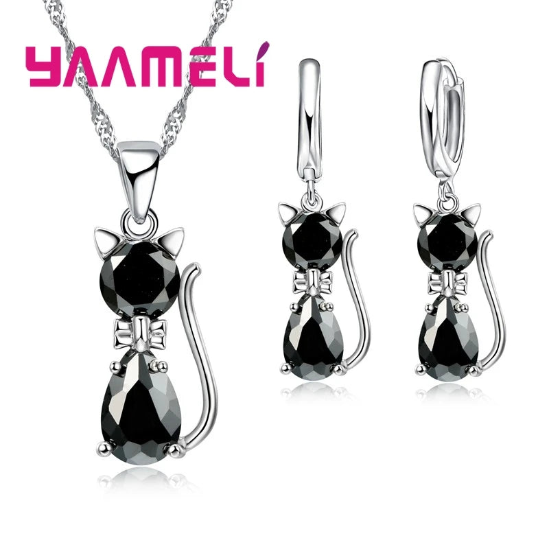 Real 925 Sterling Silver, Austrian Crystal, Cat Necklace