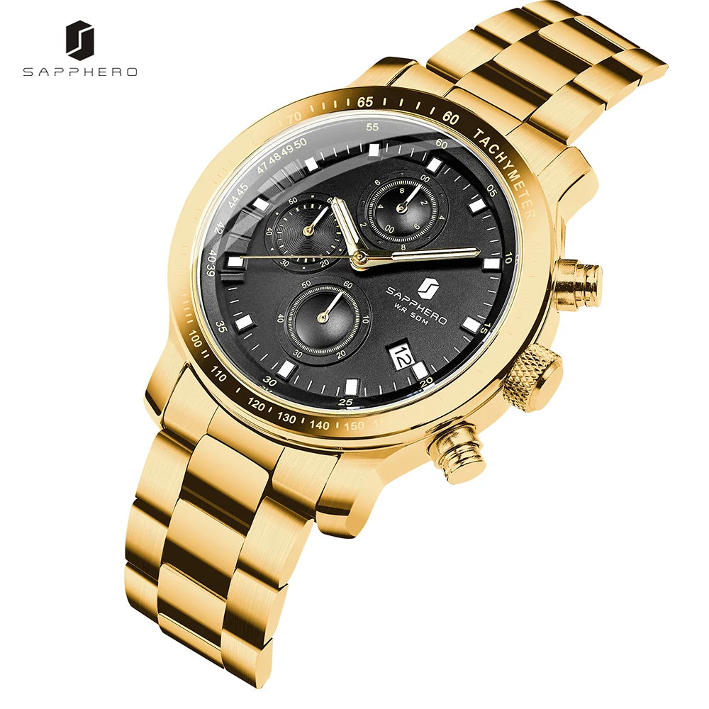 SAPPHERO, Luxury Brands, Gold Plated Stainless Steel, Men’s, Elegant, Waterproof, Quartz Watch…Perfect For That First Date
