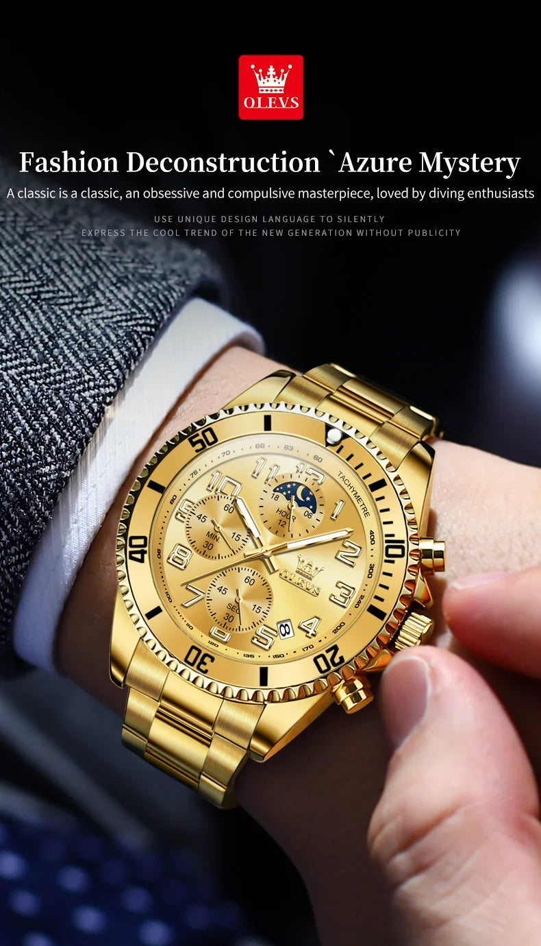 OLEV, S 2926 Men's, Luxury Brand, Waterproof, Calendar Moon Phase, Top Fashion, Stainless Steel Quartz, Chronograph Watch