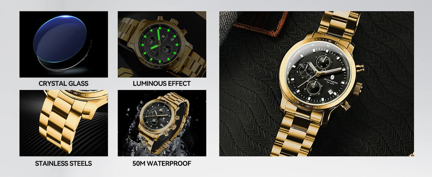 SAPPHERO, Luxury Brands, Gold Plated Stainless Steel, Men’s, Elegant, Waterproof, Quartz Watch…Perfect For That First Date
