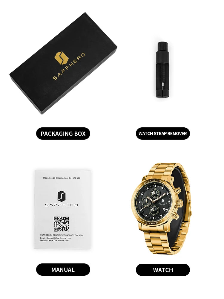 SAPPHERO, Luxury Brands, Gold Plated Stainless Steel, Men’s, Elegant, Waterproof, Quartz Watch…Perfect For That First Date
