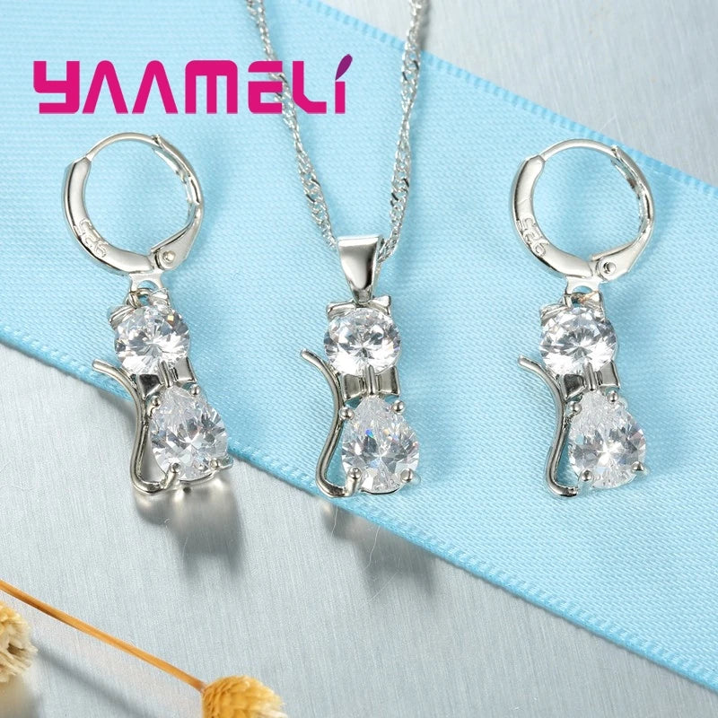 Real 925 Sterling Silver, Austrian Crystal, Cat Necklace
