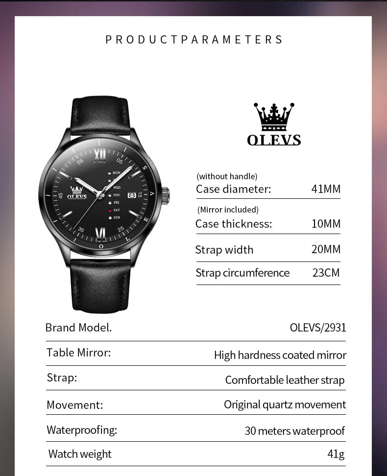 New, Waterproof Luminous, Automatic Date, Quartz Wristwatch For Men, By OLEVS