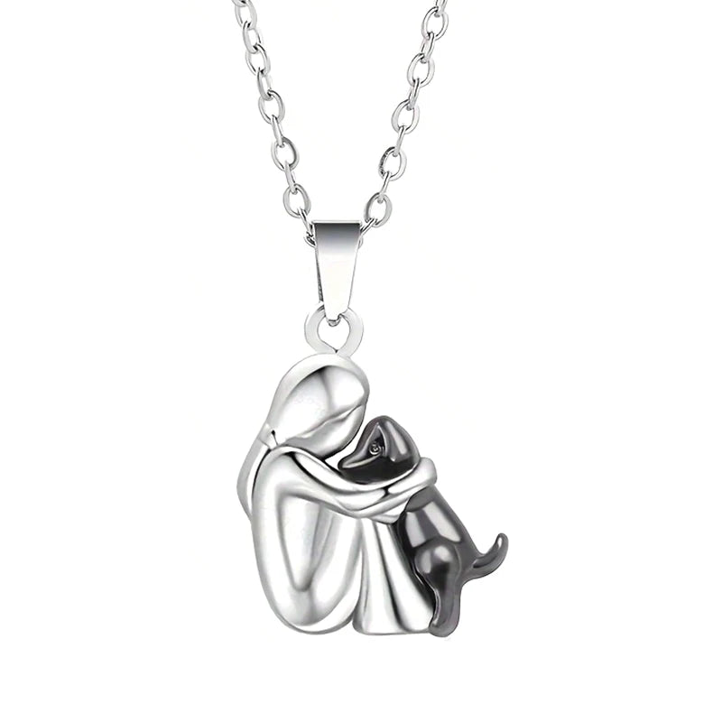 Cute, Two-Tone Girl Hugging Dog Necklace
