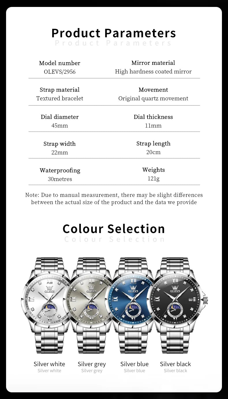 OLEV'S 2956 Men's, Luxury Brand, Waterproof, Calendar Moon Phase, Top Fashion, Stainless Steel Quartz, Chronograph Watch