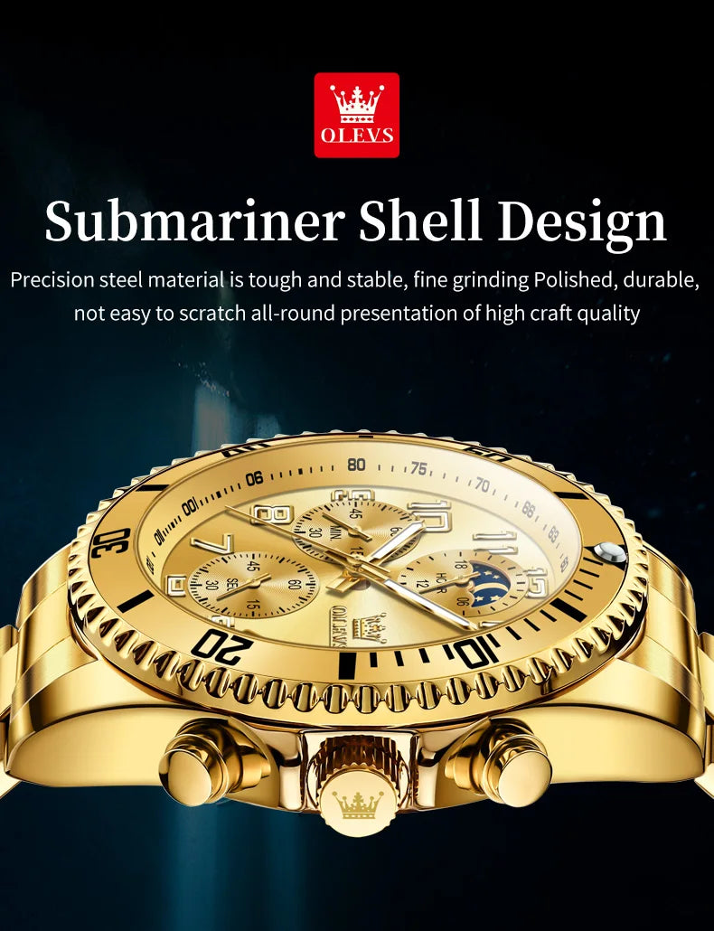 OLEV, S 2926 Men's, Luxury Brand, Waterproof, Calendar Moon Phase, Top Fashion, Stainless Steel Quartz, Chronograph Watch