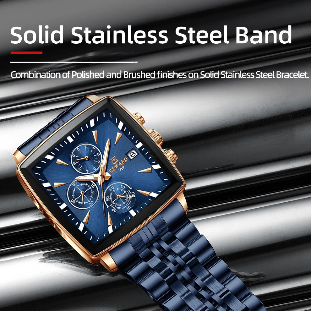 Men's Blue Luxury, Rectangular Business Quartz Wristwatch, Waterproof, with Luminous Hands, By REWARD