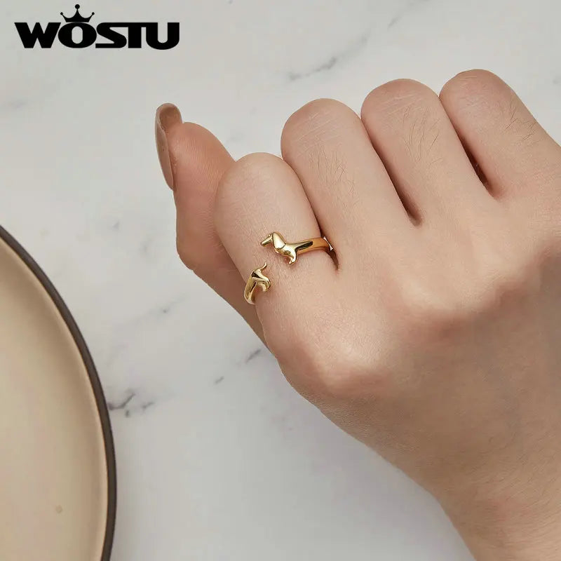 Genuine, 9.25 Sterling Silver, Cute Dachshund Dog Adjustable Ring, by WOSTU
