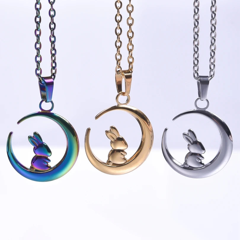 Stainless Steel, Kawaii Animal Rabbit Moon Pendant Necklaces For Women And Men. Please Invite,(Those Who Can), To Adopt Rabbits With This Gift Invitation.. Thank You!