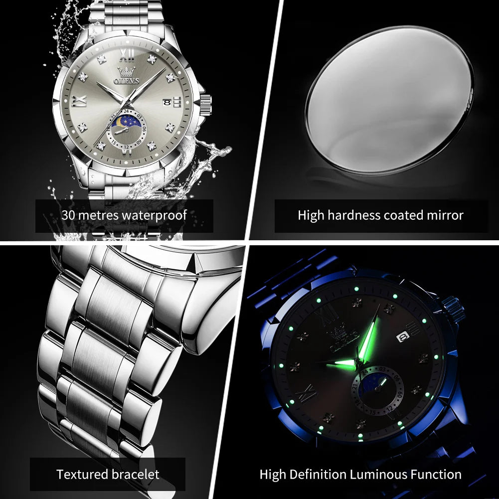 OLEV'S 2956 Men's, Luxury Brand, Waterproof, Calendar Moon Phase, Top Fashion, Stainless Steel Quartz, Chronograph Watch