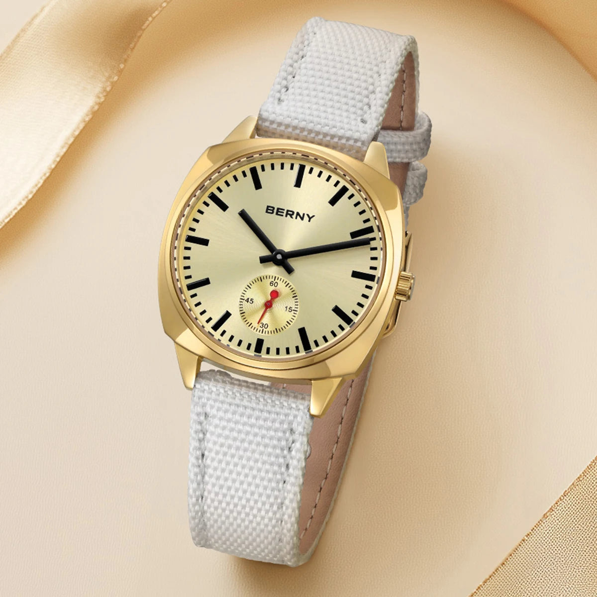 BERNY Gold Watch for Women Canvas Railway Watch Green Dial Ladies Wristwatch Quartz Pillow Watch Casual Fashion Ladies Watch