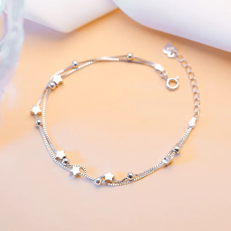 Luxury, 925 Sterling Silver, Star Beaded Bracelet for Women… Original Designer, Double Layered, Adjustable, Party Jewelry