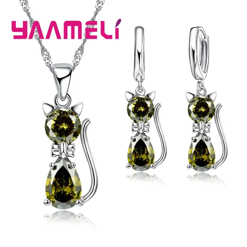 Real 925 Sterling Silver, Austrian Crystal, Cat Necklace
