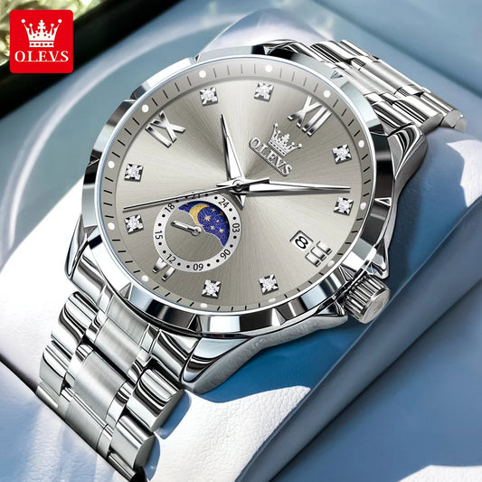 OLEV'S 2956 Men's, Luxury Brand, Waterproof, Calendar Moon Phase, Top Fashion, Stainless Steel Quartz, Chronograph Watch