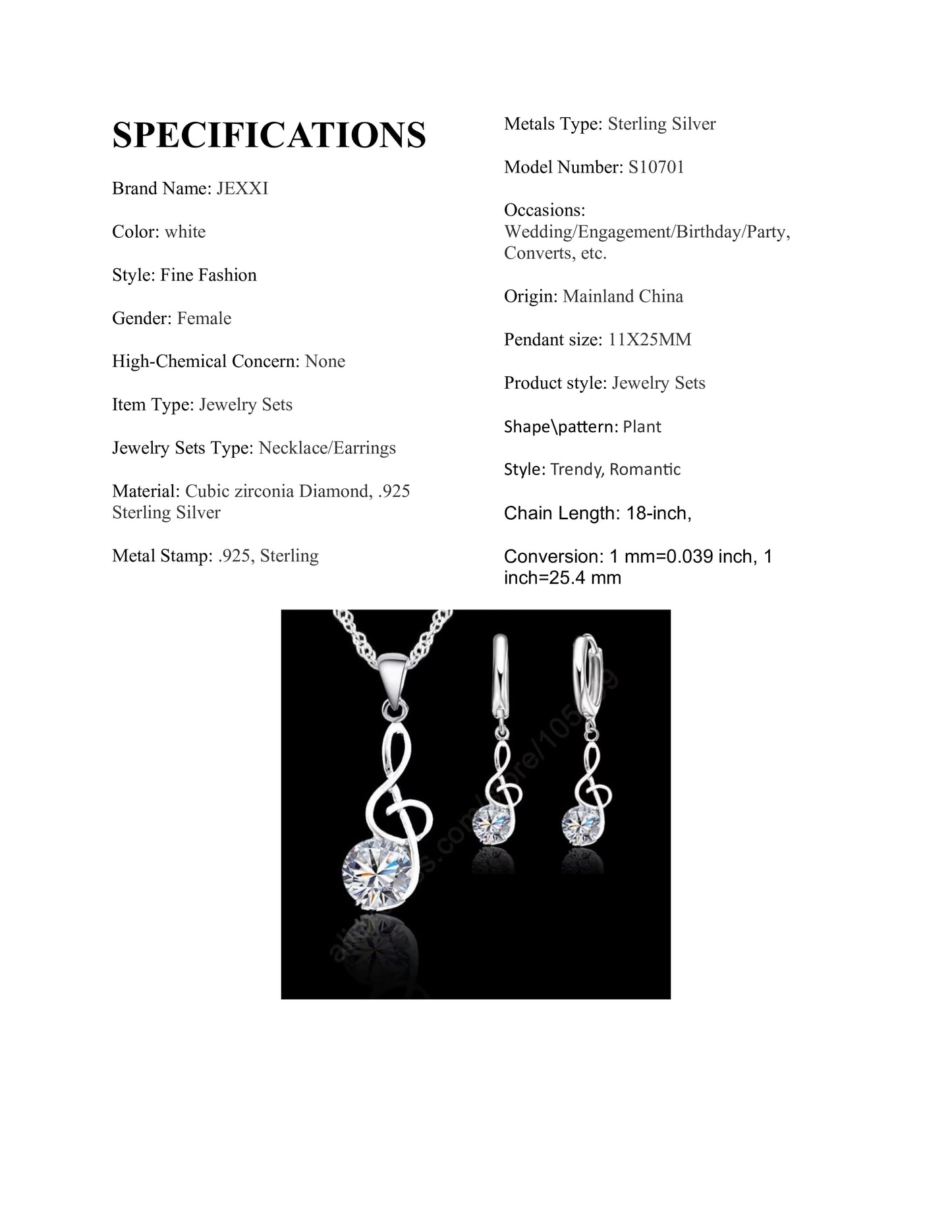 Real .925 Sterling Silver, Cubic Zirconia Diamond Musical Note Earrings & Pendant Sets…Perfect Gift For Music Lovers