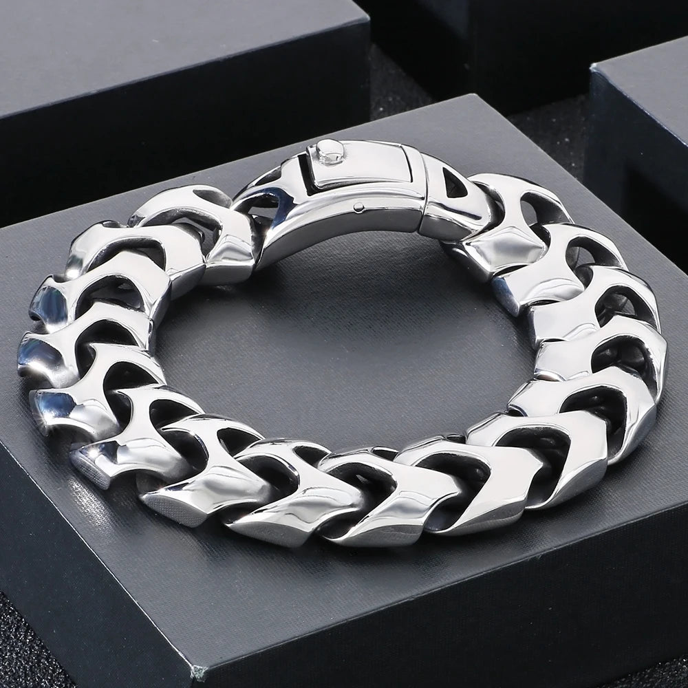 Cool Solid Stainless-Steel 18MM Width, Keel Cuban Chain Bracelets For Men