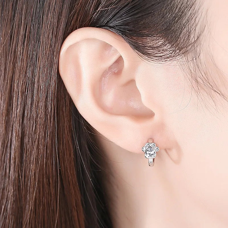 Genuine 9.25 Sterling Silver Zirconia Dog Paw Hoop Earrings for Women