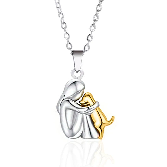 Cute, Two-Tone Girl Hugging Dog Necklace