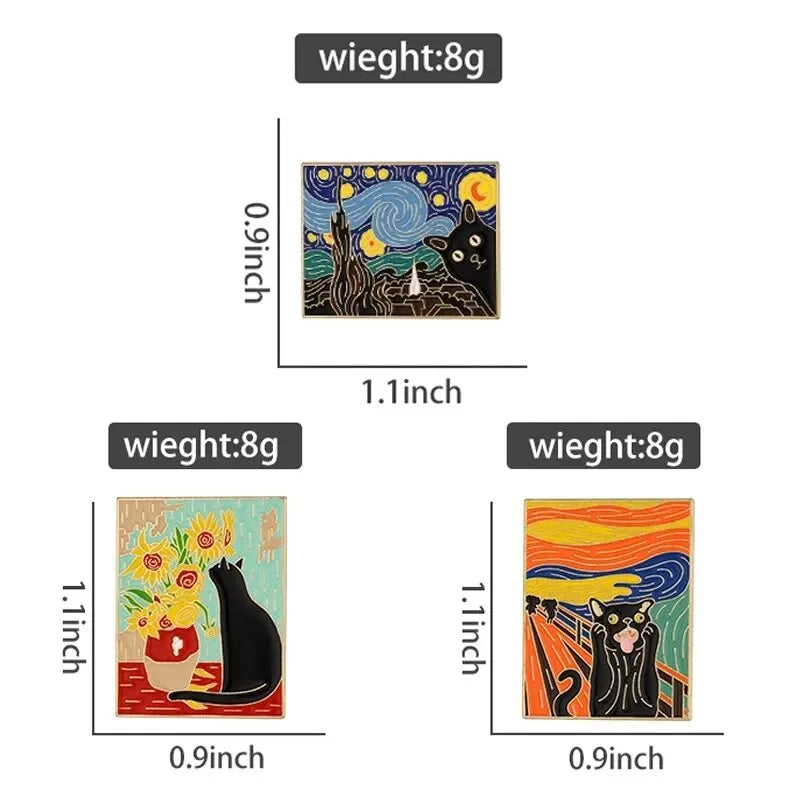 3pc Cats In Oil Paintings, Enamel Pins...(Click On Specs To Magnify).