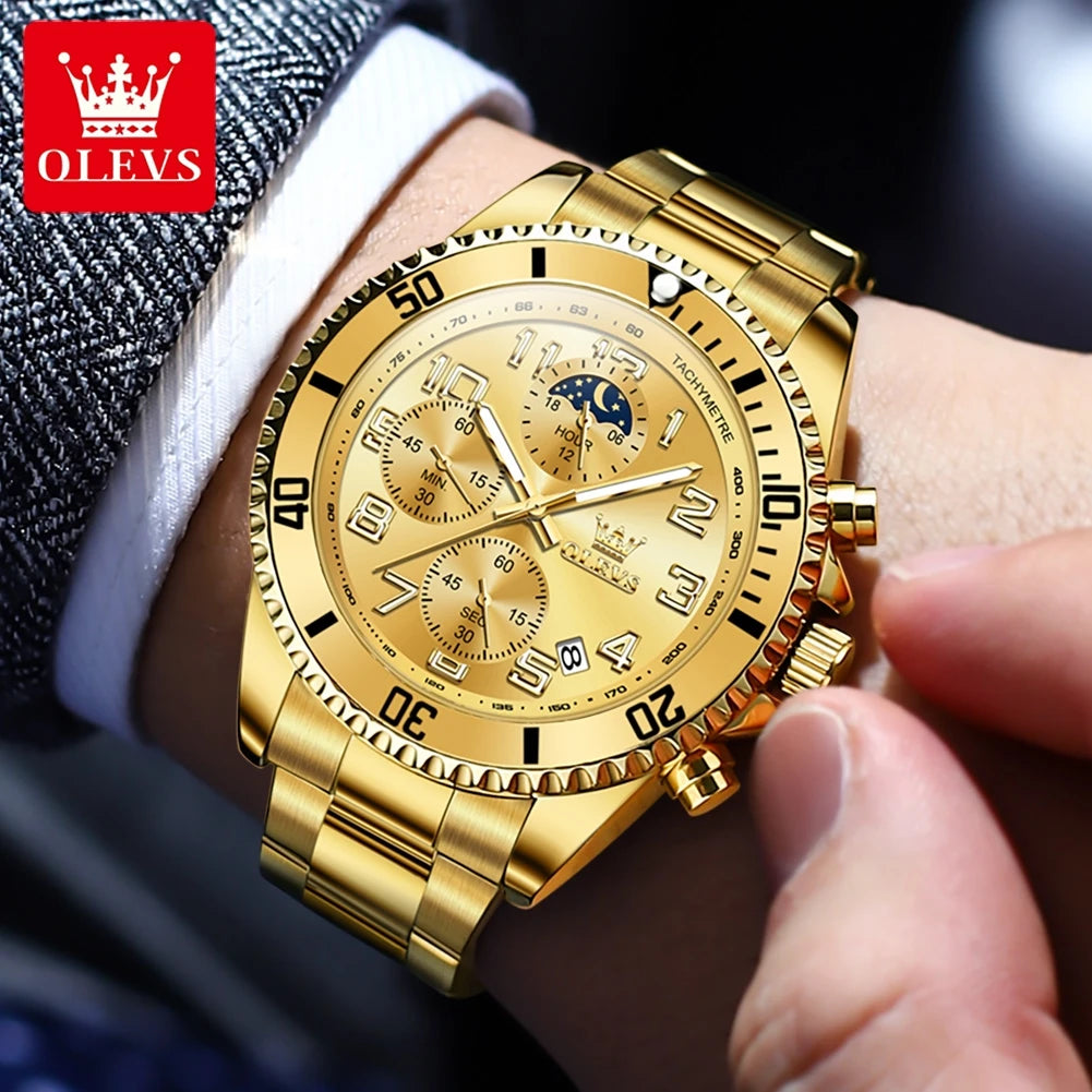 OLEV, S 2926 Men's, Luxury Brand, Waterproof, Calendar Moon Phase, Top Fashion, Stainless Steel Quartz, Chronograph Watch