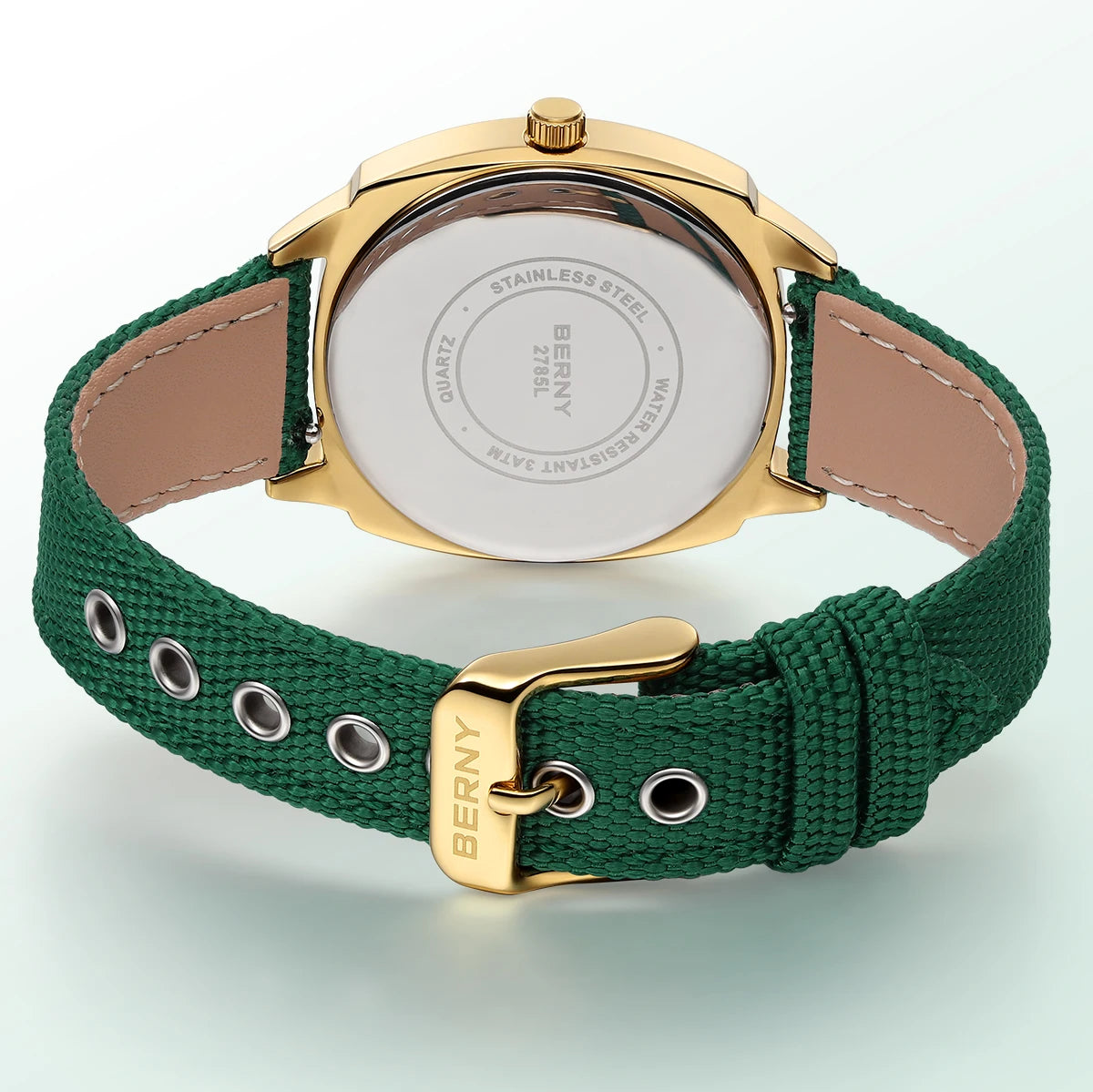 BERNY Gold Watch for Women Canvas Railway Watch Green Dial Ladies Wristwatch Quartz Pillow Watch Casual Fashion Ladies Watch