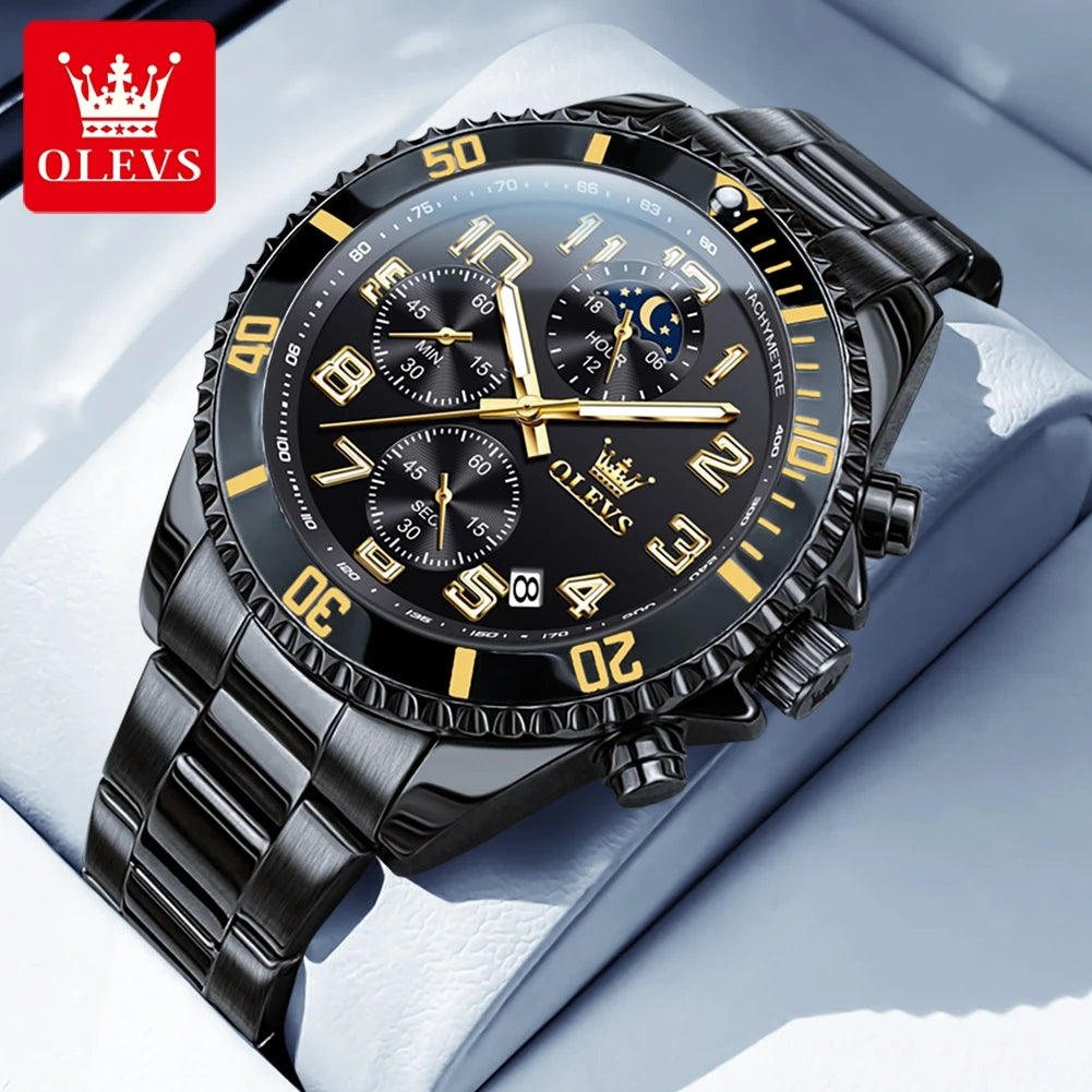 OLEV, S 2926 Men's, Luxury Brand, Waterproof, Calendar Moon Phase, Top Fashion, Stainless Steel Quartz, Chronograph Watch
