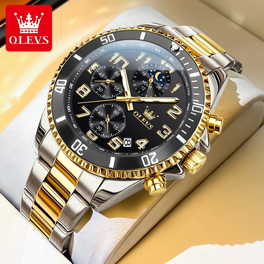OLEV, S 2926 Men's, Luxury Brand, Waterproof, Calendar Moon Phase, Top Fashion, Stainless Steel Quartz, Chronograph Watch