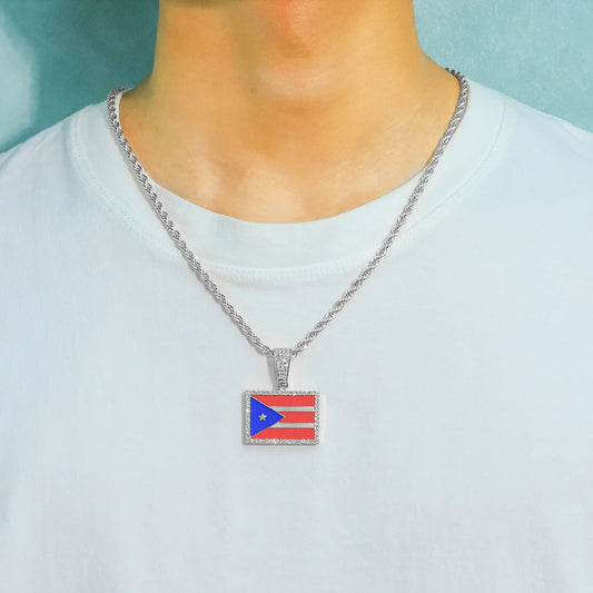New Heart Puerto Rico Map/Flag Pendant Necklace With Imitation Rhinestones & 4mm Rope Link Chain, Stylish Jewelry For Men & Women