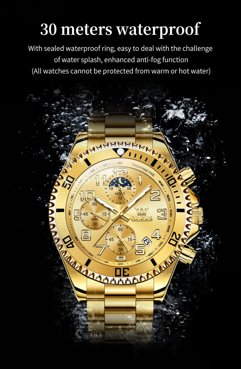 OLEV, S 2926 Men's, Luxury Brand, Waterproof, Calendar Moon Phase, Top Fashion, Stainless Steel Quartz, Chronograph Watch