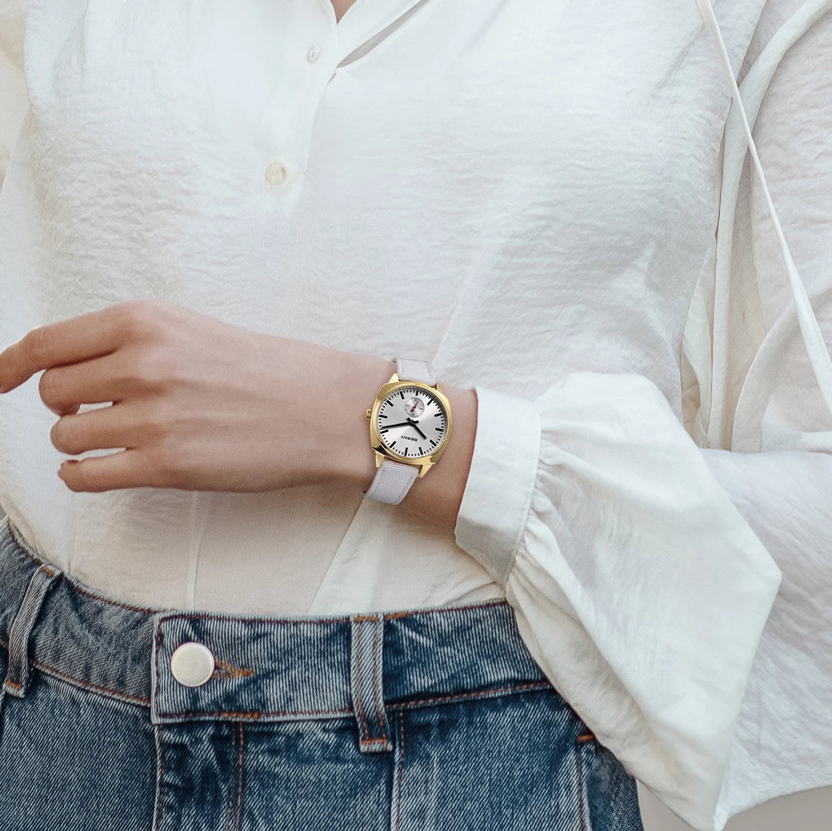 BERNY Gold Watch for Women Canvas Railway Watch Green Dial Ladies Wristwatch Quartz Pillow Watch Casual Fashion Ladies Watch