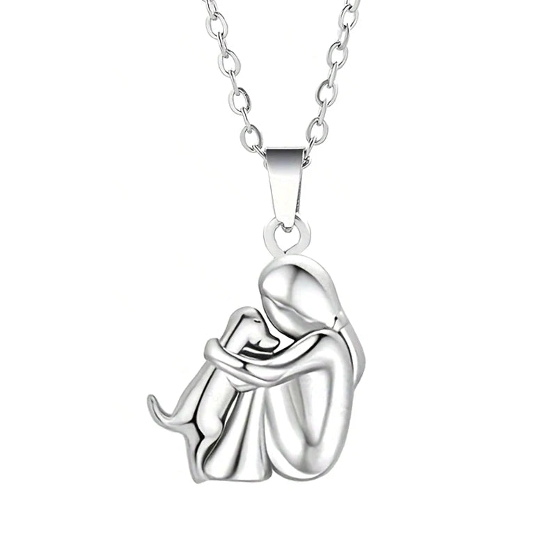 Cute, Two-Tone Girl Hugging Dog Necklace