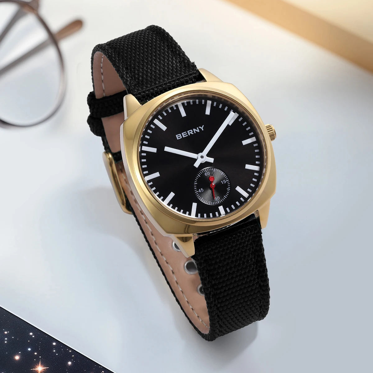 BERNY Gold Watch for Women Canvas Railway Watch Green Dial Ladies Wristwatch Quartz Pillow Watch Casual Fashion Ladies Watch